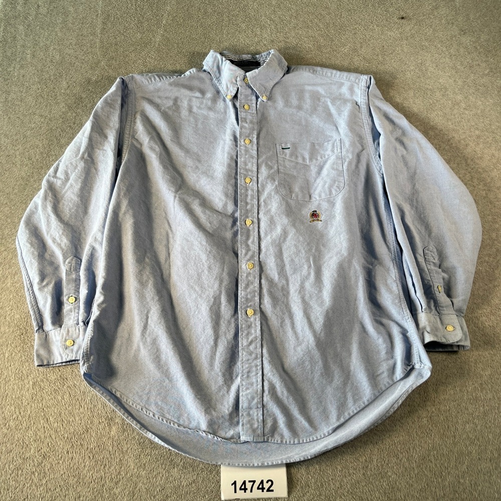 Tommy Hilfiger Button Down Mens L Blue Excellent Vintage 90s Oxford Crest Shirt